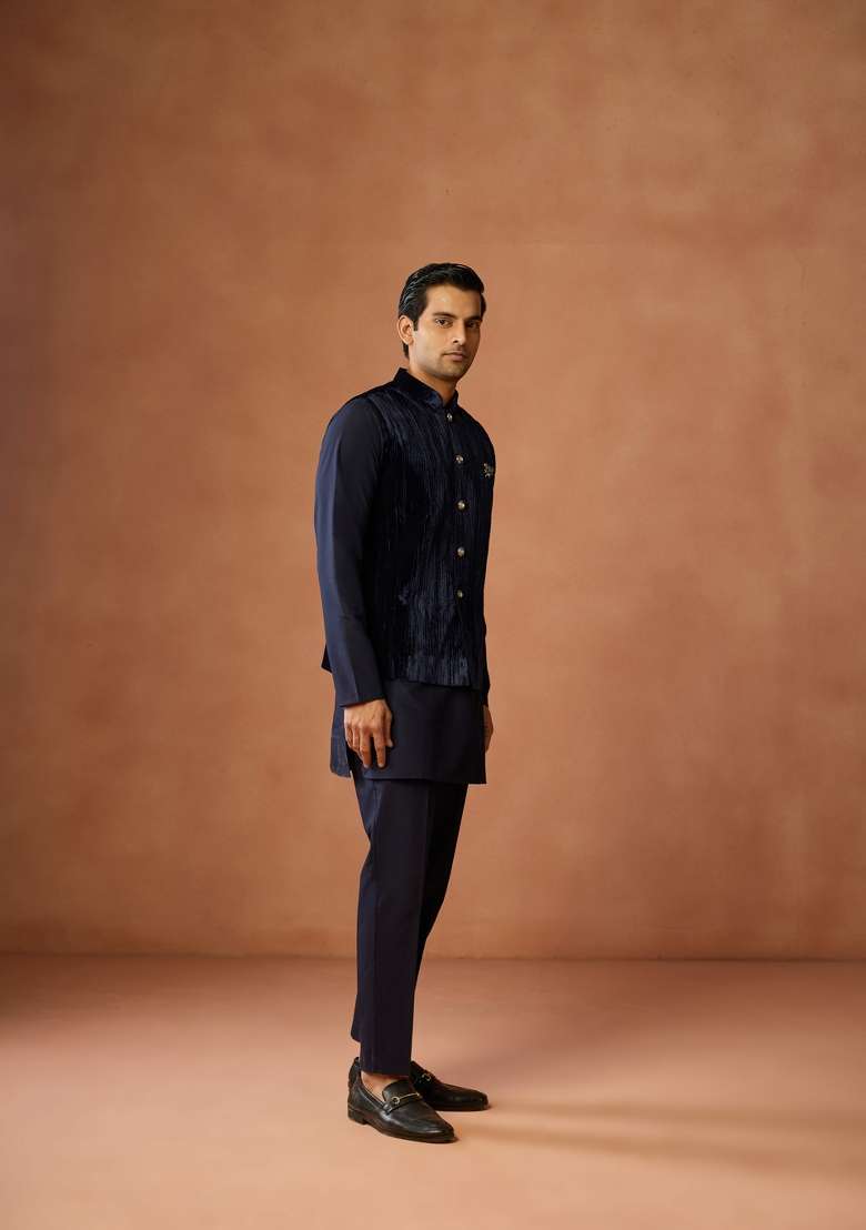 Blue Solid Silk Blend Kurta Jacket Set For Men - Indya