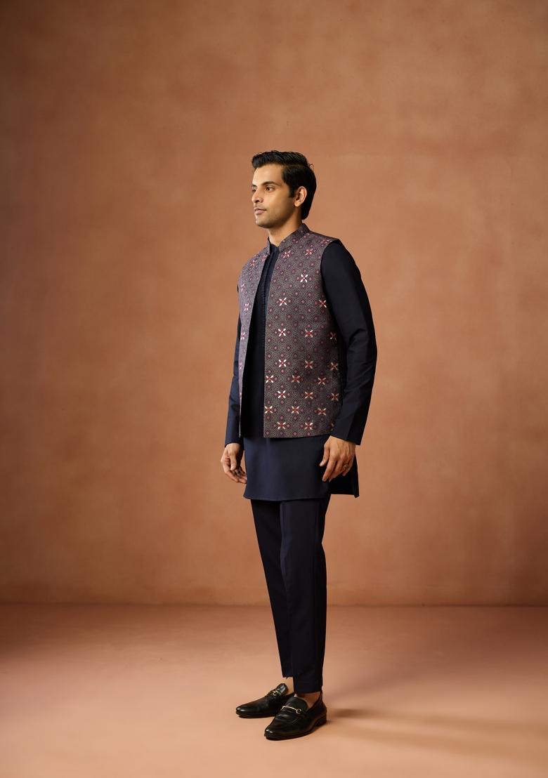 Blue Embroidered Silk Blend Kurta Jacket Set For Men