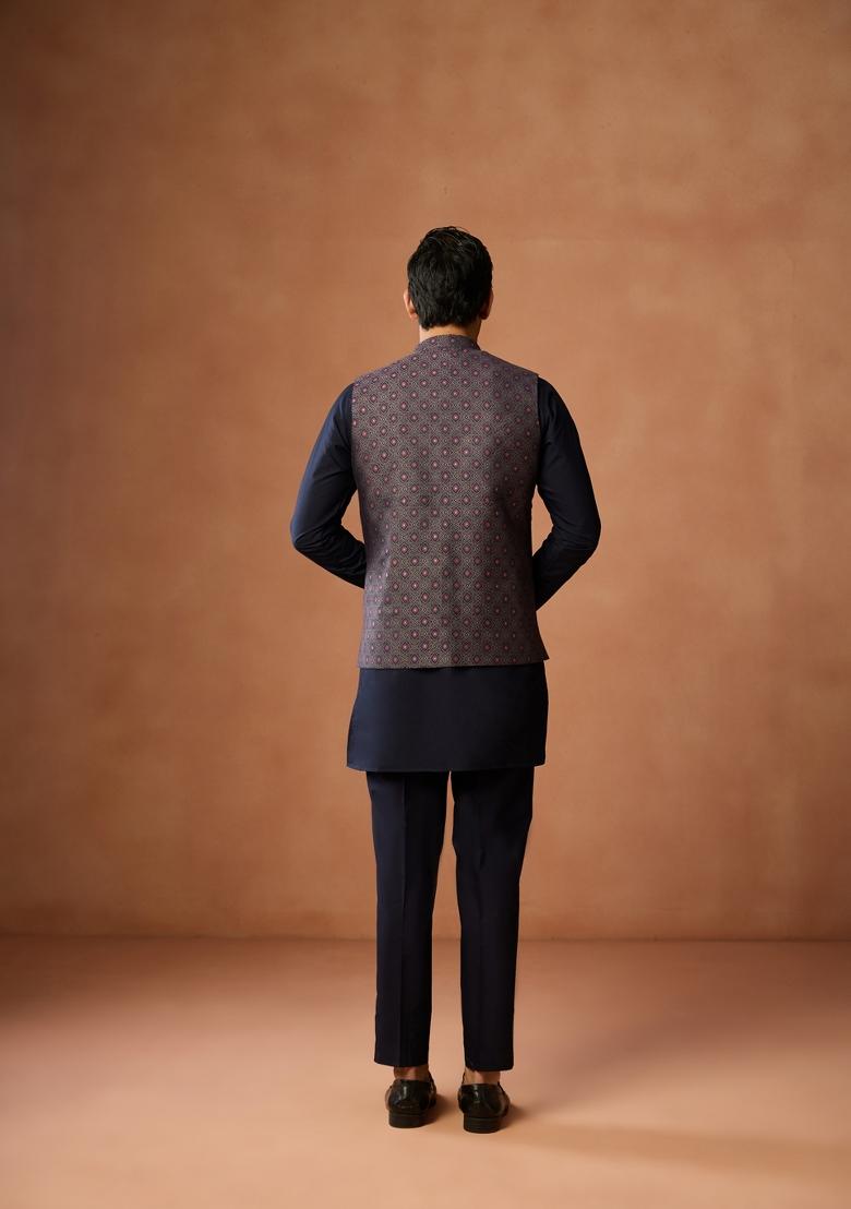 Blue Embroidered Silk Blend Kurta Jacket Set For Men