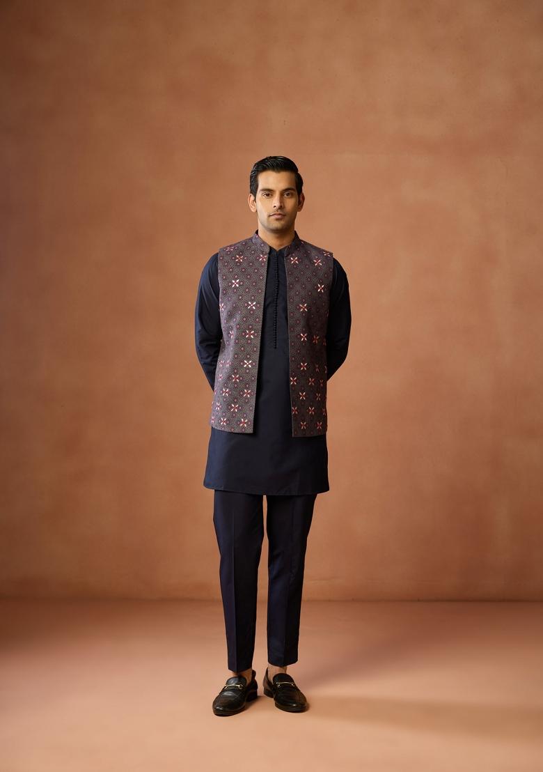 Blue Embroidered Silk Blend Kurta Jacket Set For Men