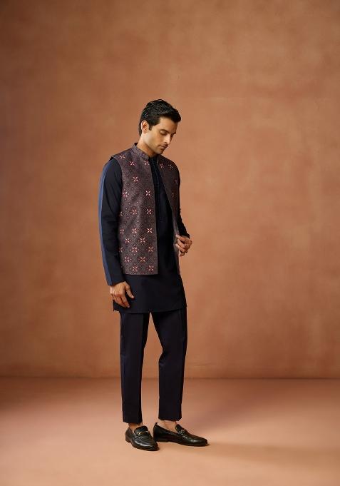 Blue Embroidered Silk Blend Kurta Jacket Set For Men