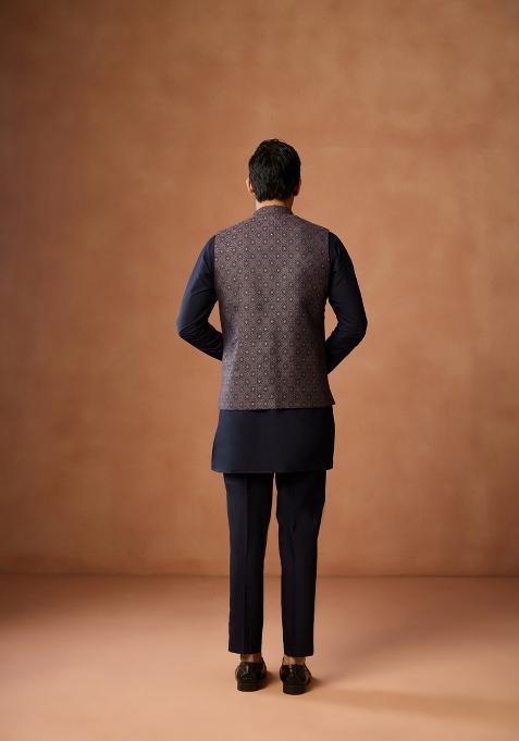 Blue Embroidered Silk Blend Kurta Jacket Set For Men