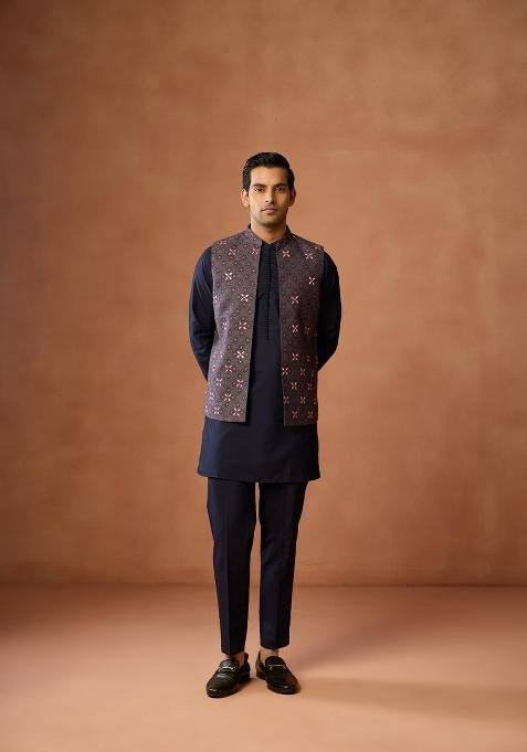 Blue Embroidered Silk Blend Kurta Jacket Set For Men