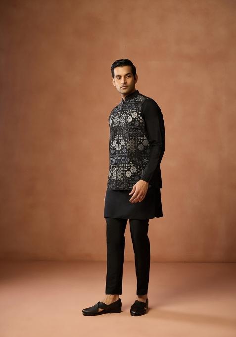 Black Textured Silk Blend Kurta Jacket Set For Men