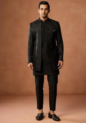 Black Embroidered Silk Blend Kurta Sherwani Set For Men