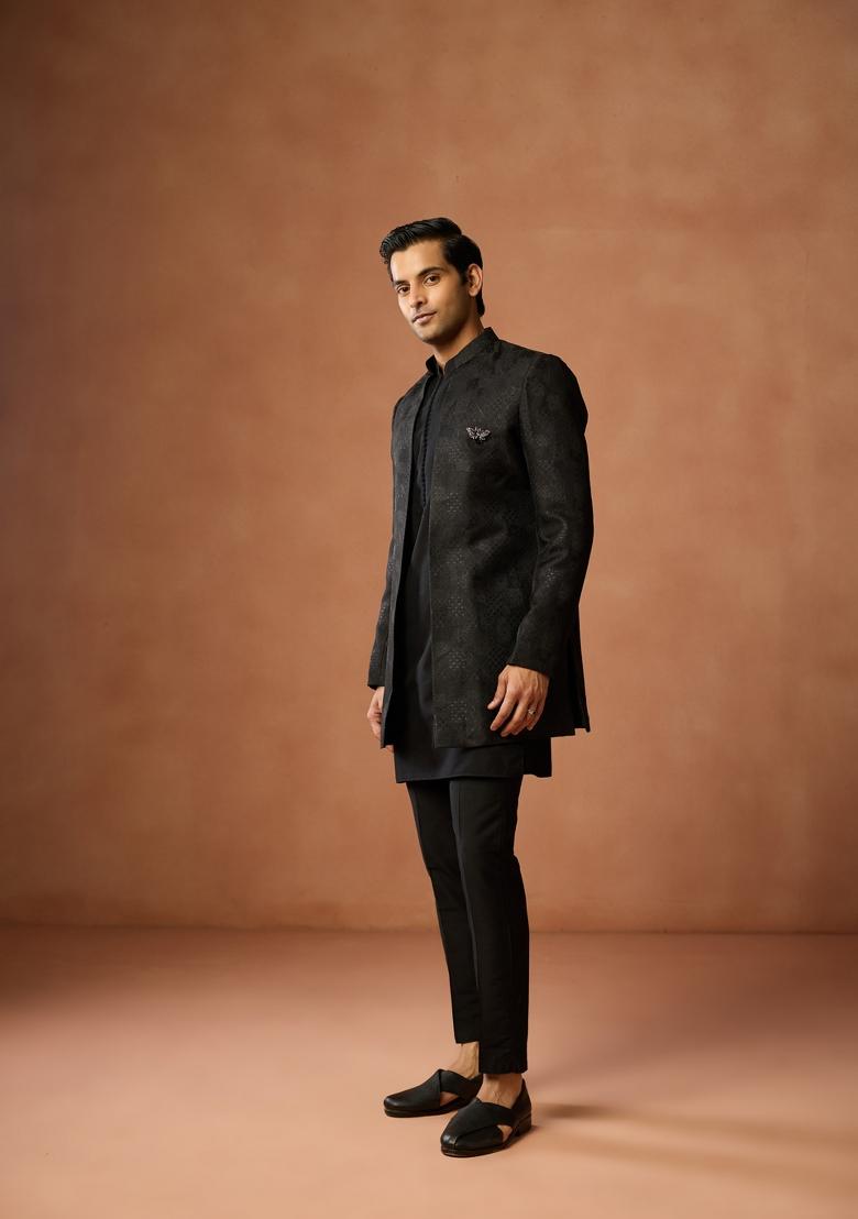 Black Embroidered Silk Blend Kurta Sherwani Set For Men