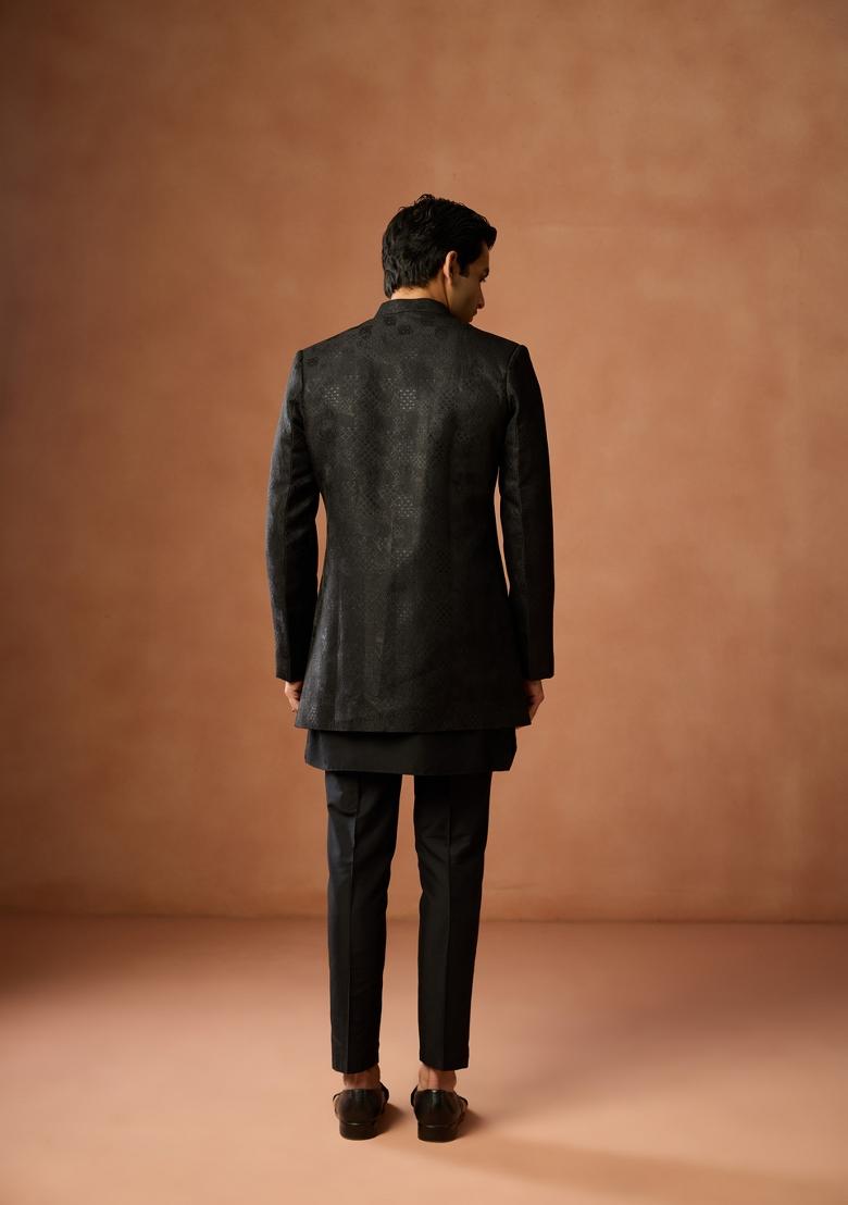 Black Embroidered Silk Blend Kurta Sherwani Set For Men