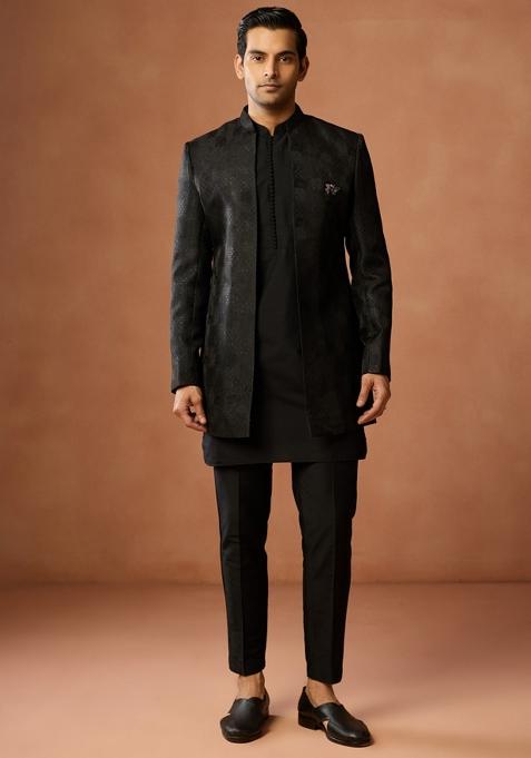 Black Embroidered Silk Blend Kurta Sherwani Set For Men