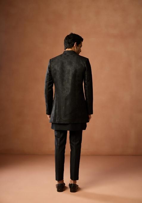 Black Embroidered Silk Blend Kurta Sherwani Set For Men
