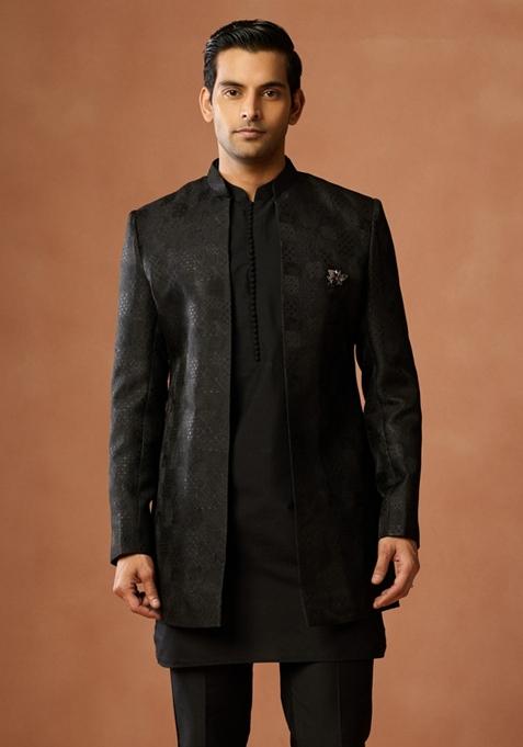 Black Embroidered Silk Blend Kurta Sherwani Set For Men