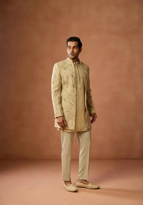 Gold Embellished Silk Blend Kurta Sherwani Set For Men