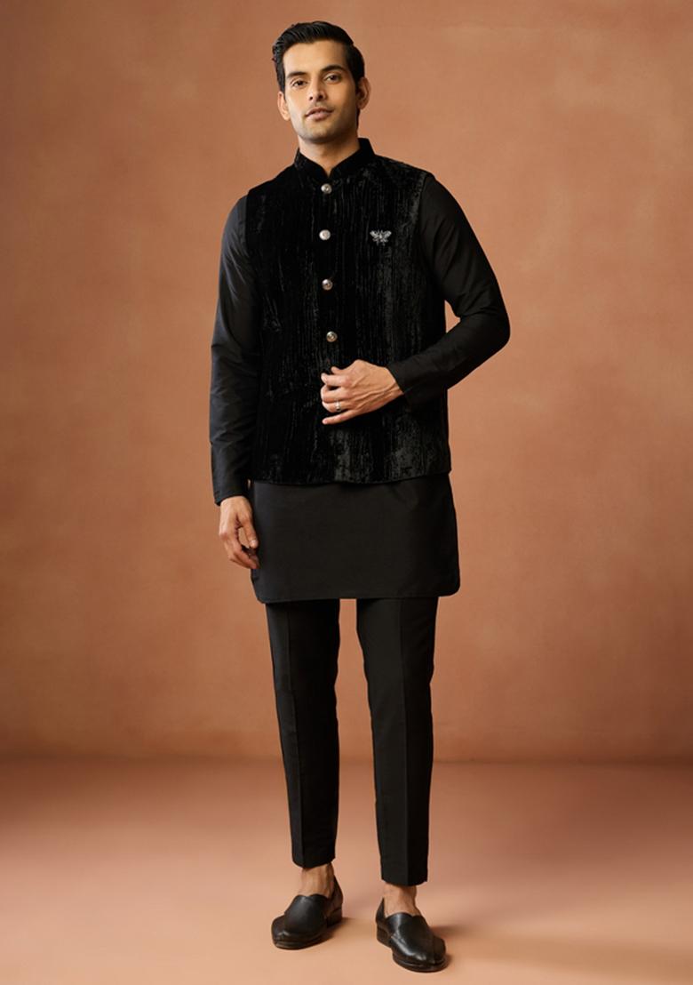 Black Solid Silk Blend Kurta Jacket Set For Men