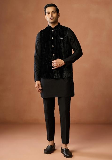 Black Solid Silk Blend Kurta Jacket Set For Men