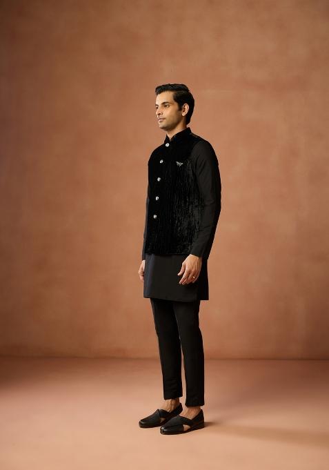 Black Solid Silk Blend Kurta Jacket Set For Men