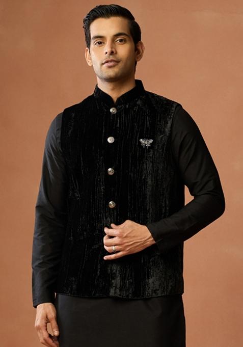 Black Solid Silk Blend Kurta Jacket Set For Men