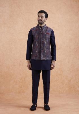 Blue Textured Silk Blend Kurta Jacket Set For Men
