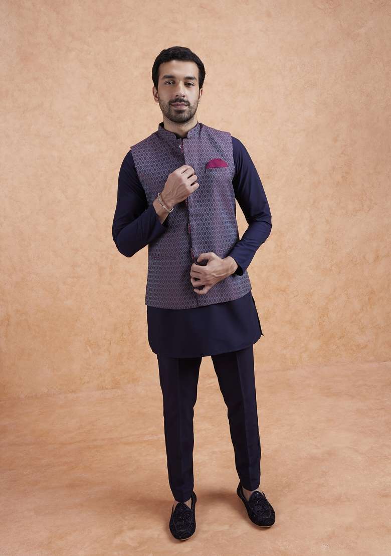 Wine Textured Silk Blend Kurta Jacket Set For Men - Indya
