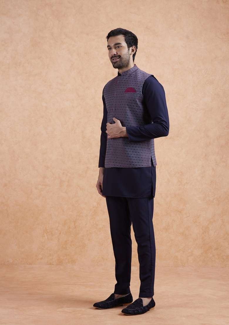 Wine Textured Silk Blend Kurta Jacket Set For Men - Indya