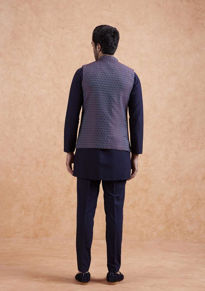 Wine Textured Silk Blend Kurta Jacket Set For Men - Indya