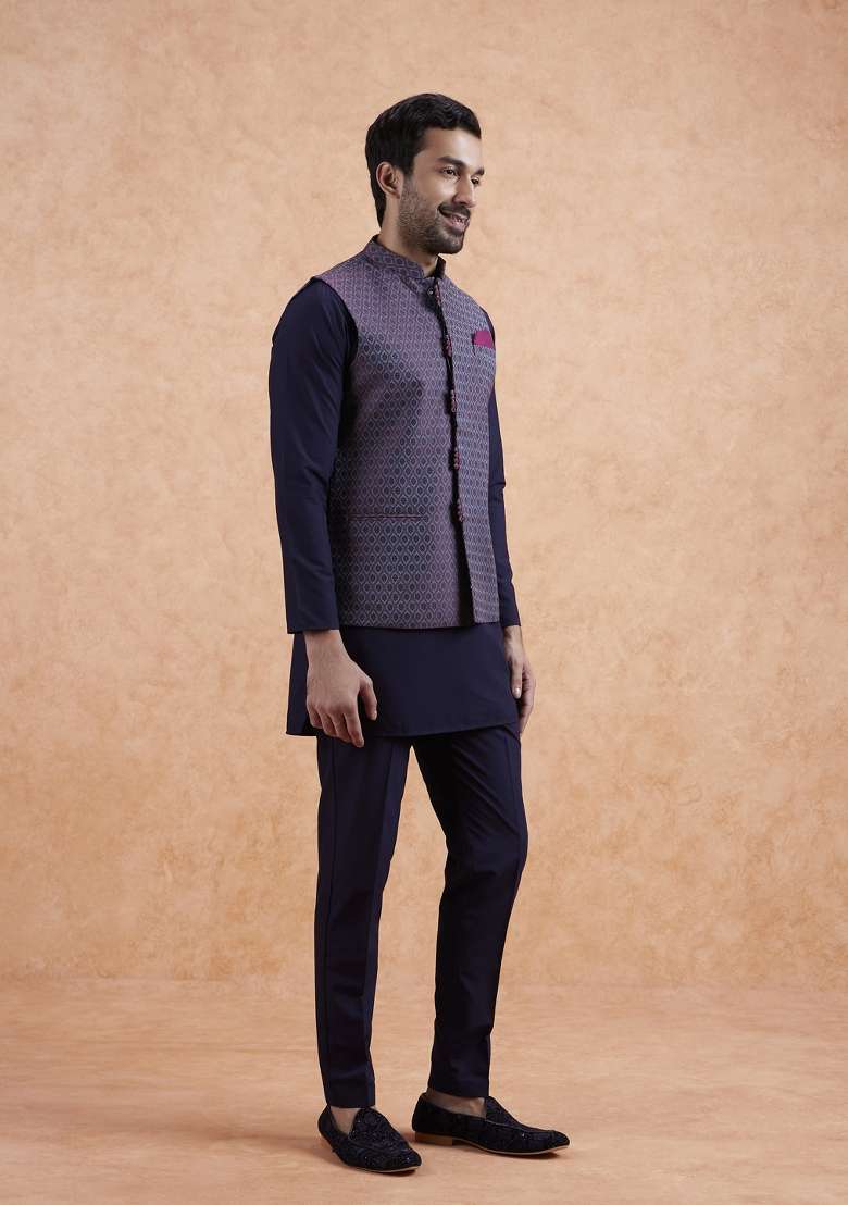 Wine Textured Silk Blend Kurta Jacket Set For Men - Indya