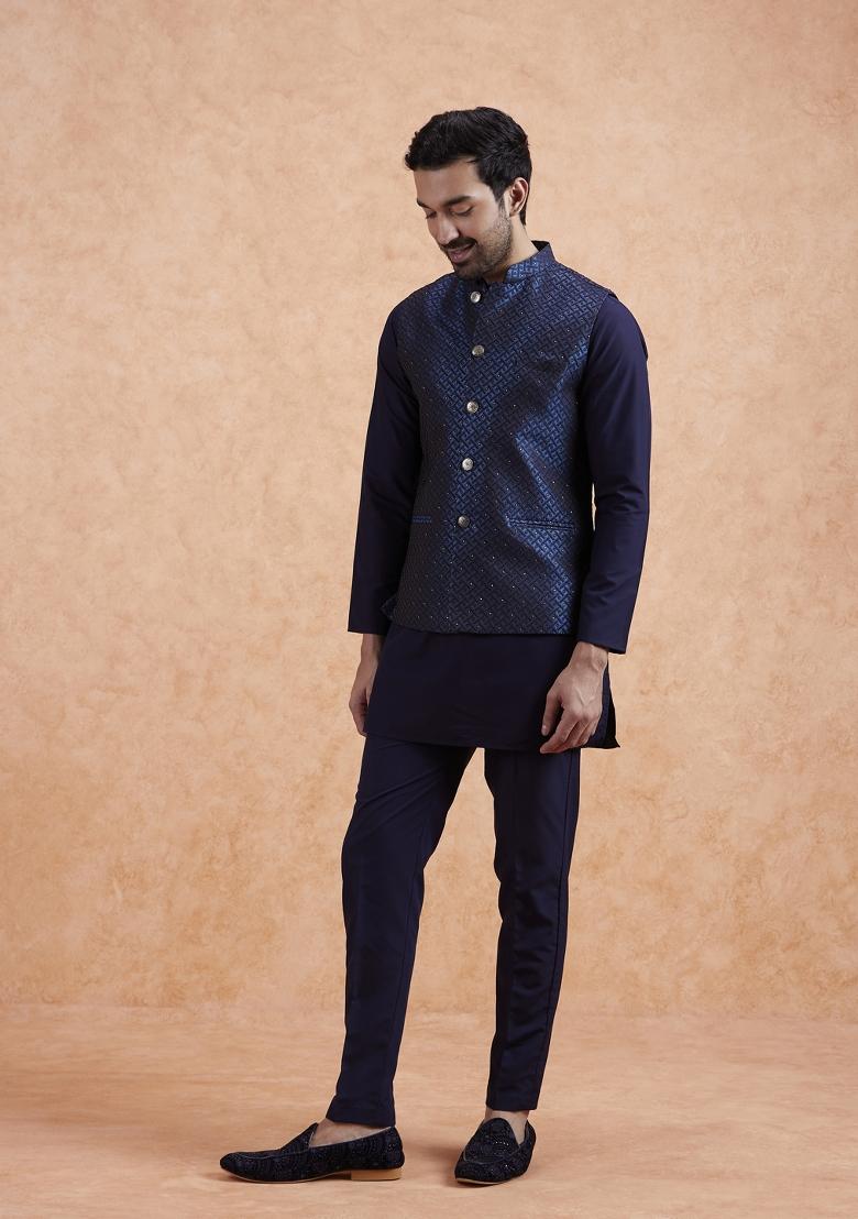 Blue Textured Silk Blend Kurta Jacket Set For Men - Indya
