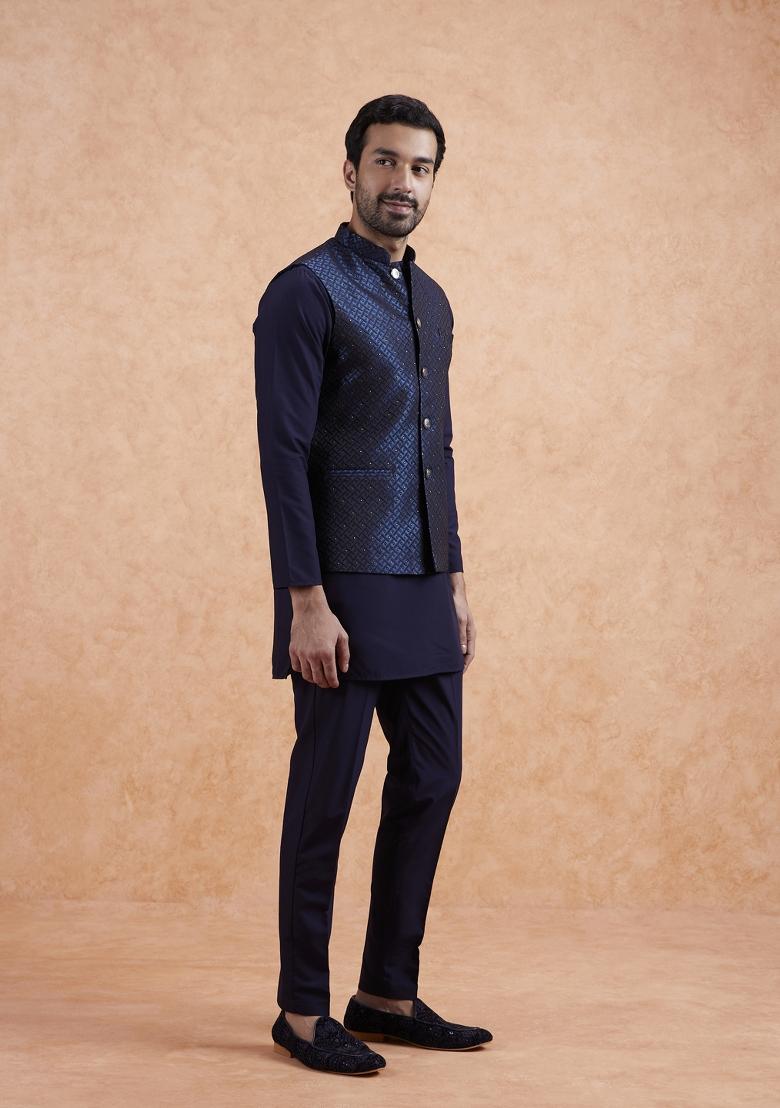 Blue Textured Silk Blend Kurta Jacket Set For Men
