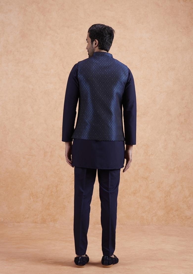 Blue Textured Silk Blend Kurta Jacket Set For Men - Indya