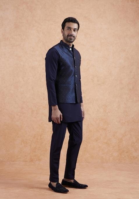 Blue Textured Silk Blend Kurta Jacket Set For Men