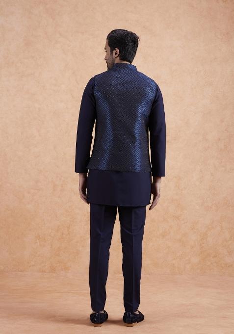Blue Textured Silk Blend Kurta Jacket Set For Men