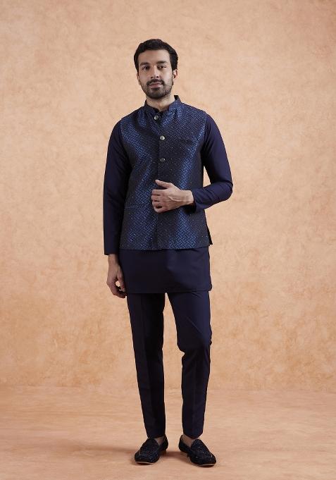 Blue Textured Silk Blend Kurta Jacket Set For Men