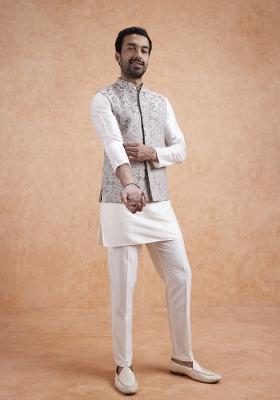 Cream Textured Silk Blend Kurta Jacket Set For Men