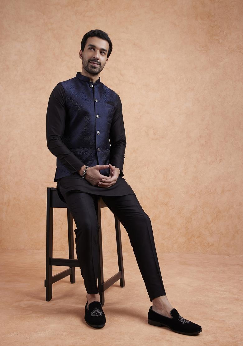 Blue Textured Silk Blend Kurta Jacket Set For Men