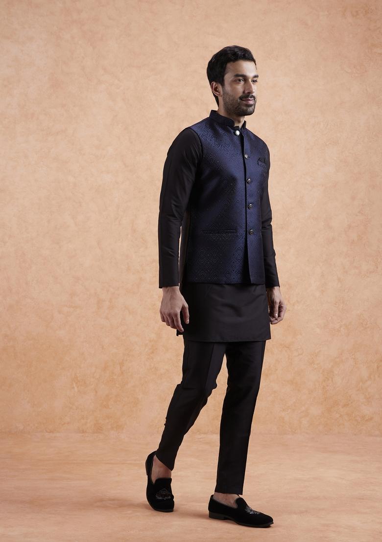 Blue Textured Silk Blend Kurta Jacket Set For Men