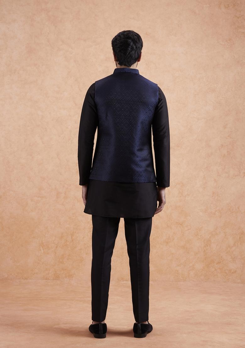 Blue Textured Silk Blend Kurta Jacket Set For Men