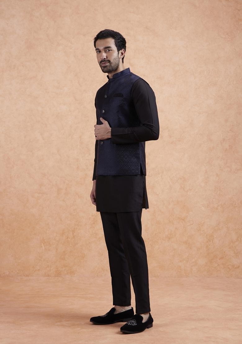 Blue Textured Silk Blend Kurta Jacket Set For Men
