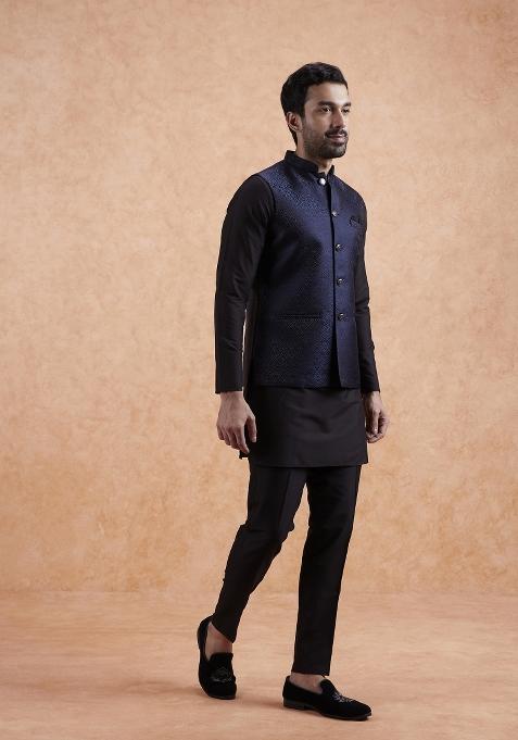 Blue Textured Silk Blend Kurta Jacket Set For Men