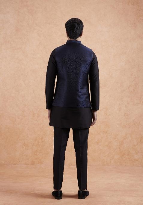 Blue Textured Silk Blend Kurta Jacket Set For Men