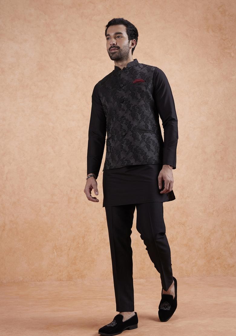 Black Textured Silk Blend Kurta Jacket Set For Men