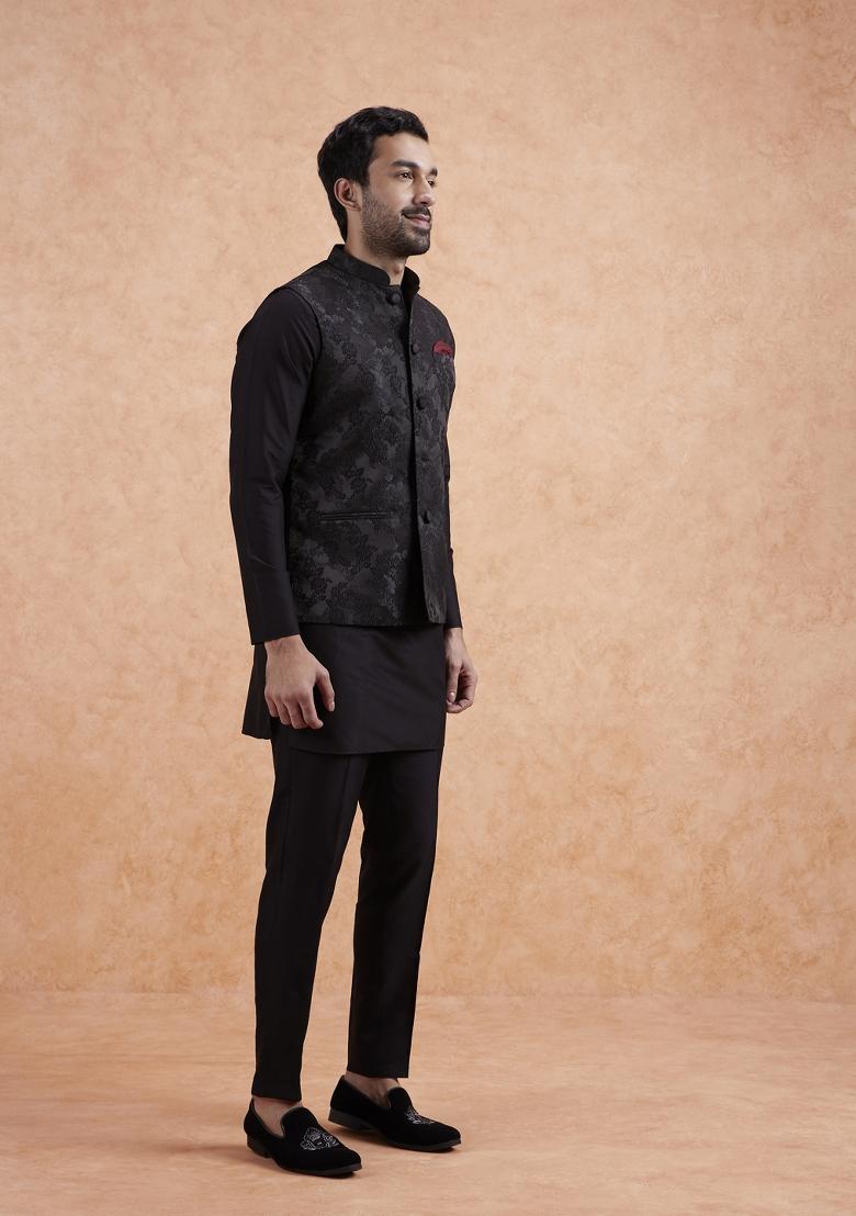 Black Textured Silk Blend Kurta Jacket Set For Men - Indya