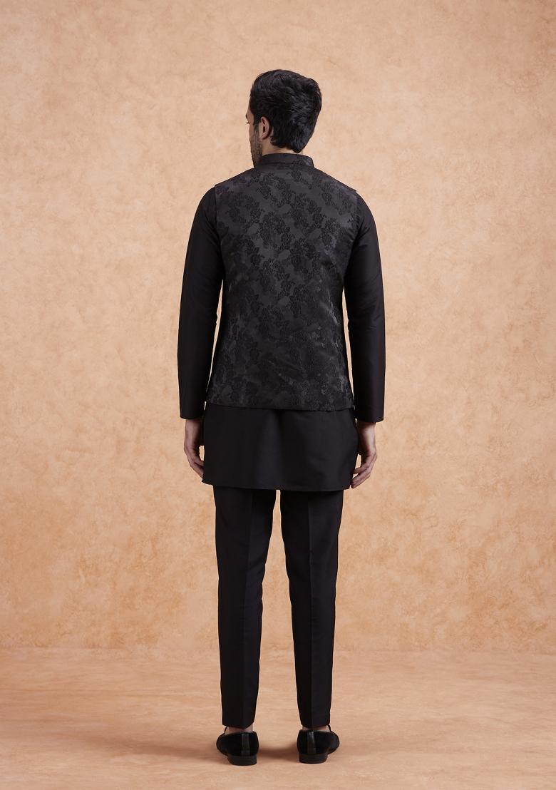 Black Textured Silk Blend Kurta Jacket Set For Men