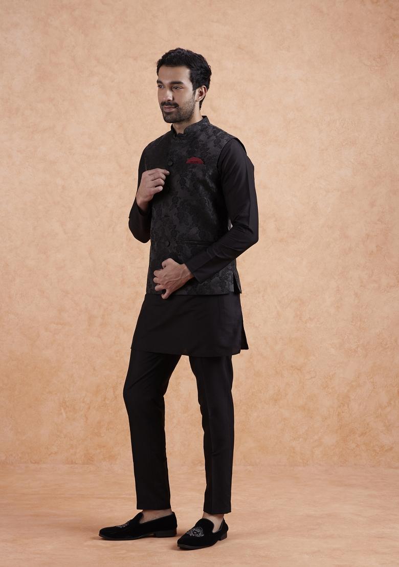 Black Textured Silk Blend Kurta Jacket Set For Men - Indya
