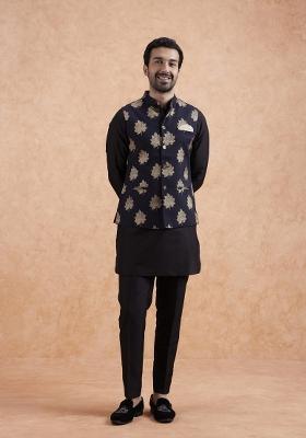 Black Printed Silk Blend Kurta Jacket Set For Men