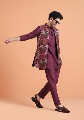 Maroon Printed Silk Blend Kurta Jacket Set For Men