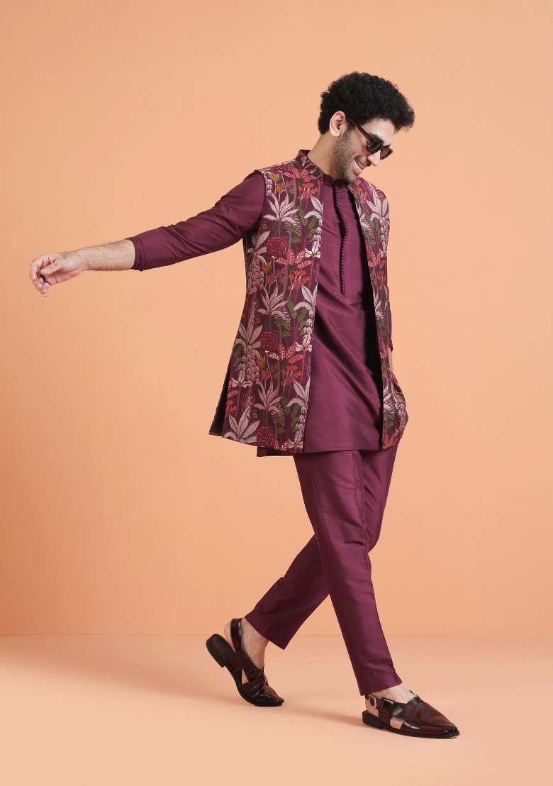 Maroon Printed Silk Blend Kurta Jacket Set For Men - Indya