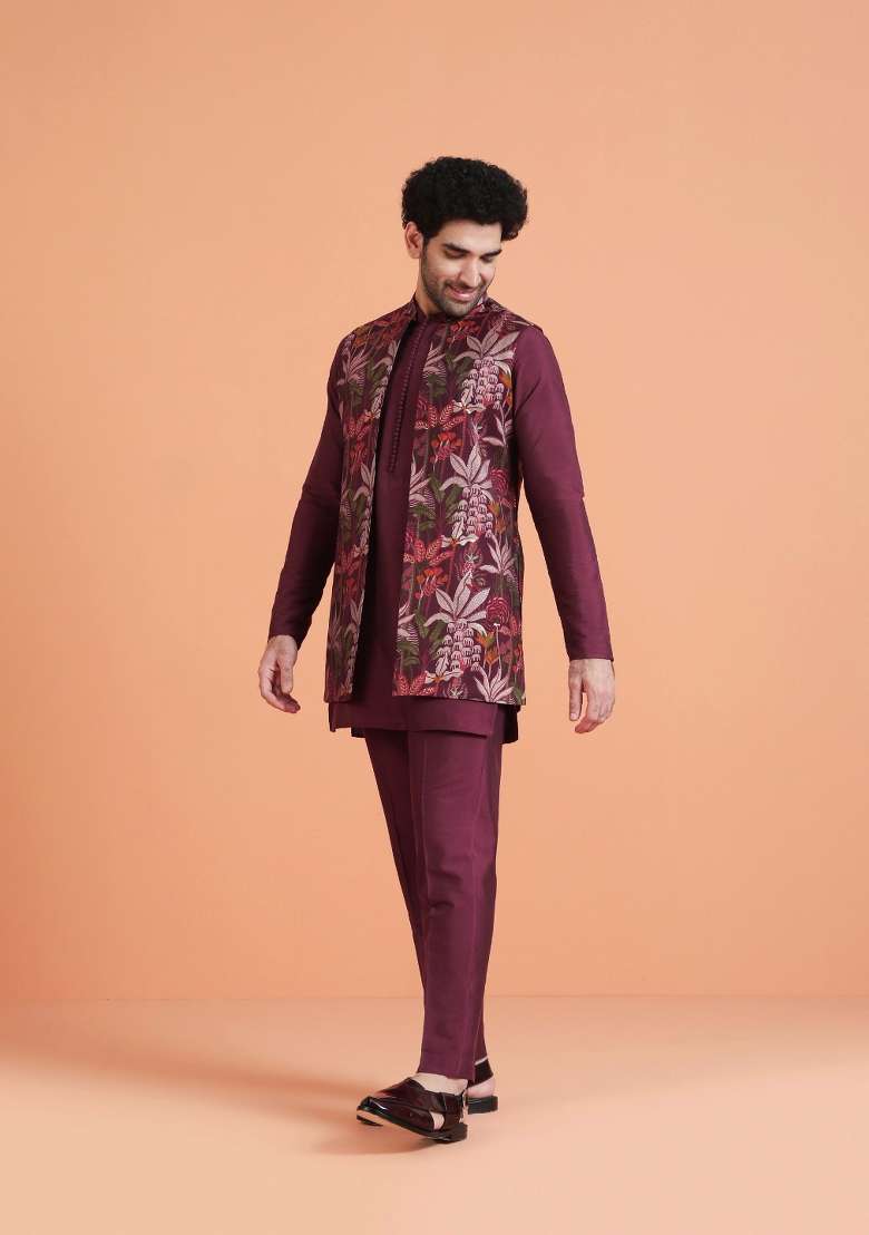 Maroon Printed Silk Blend Kurta Jacket Set For Men - Indya
