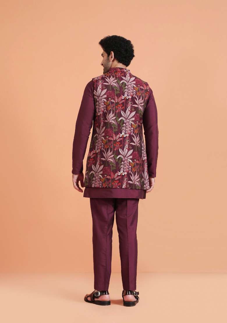 Maroon Printed Silk Blend Kurta Jacket Set For Men - Indya