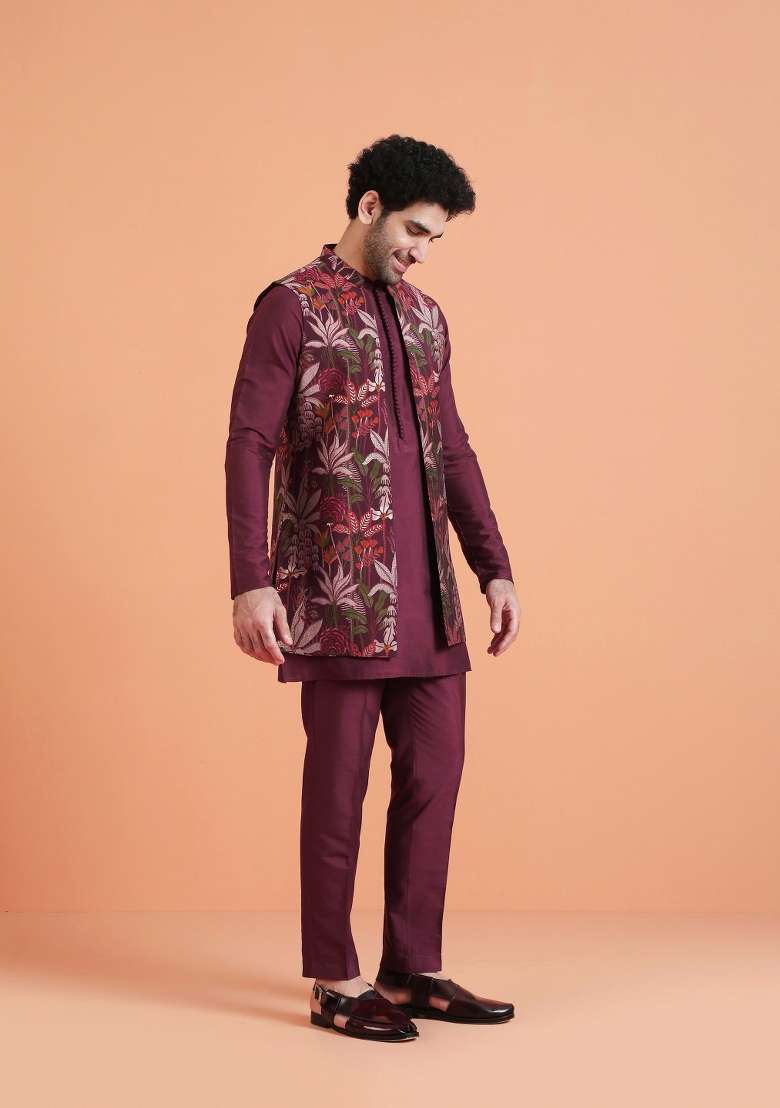Maroon Printed Silk Blend Kurta Jacket Set For Men - Indya