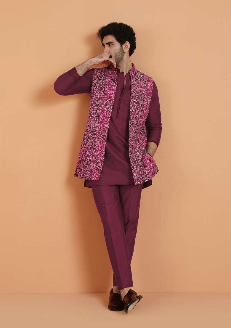 Maroon Printed Silk Blend Kurta Jacket Set For Men - Indya