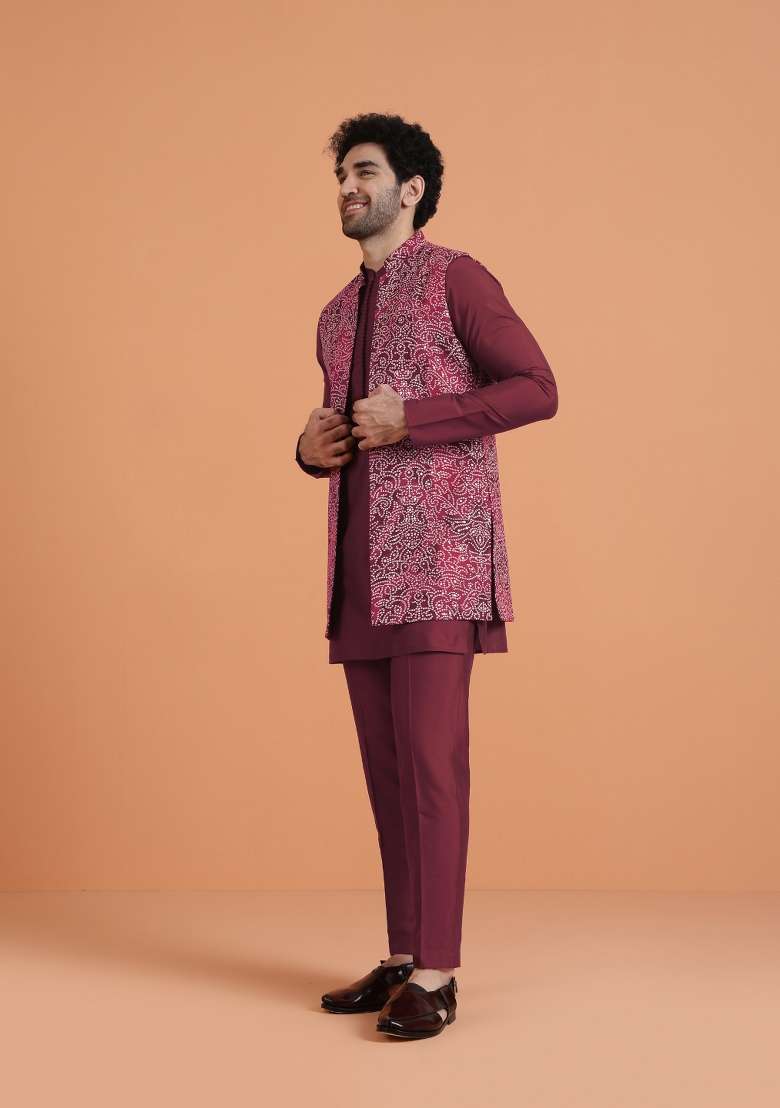 Maroon Printed Silk Blend Kurta Jacket Set For Men - Indya