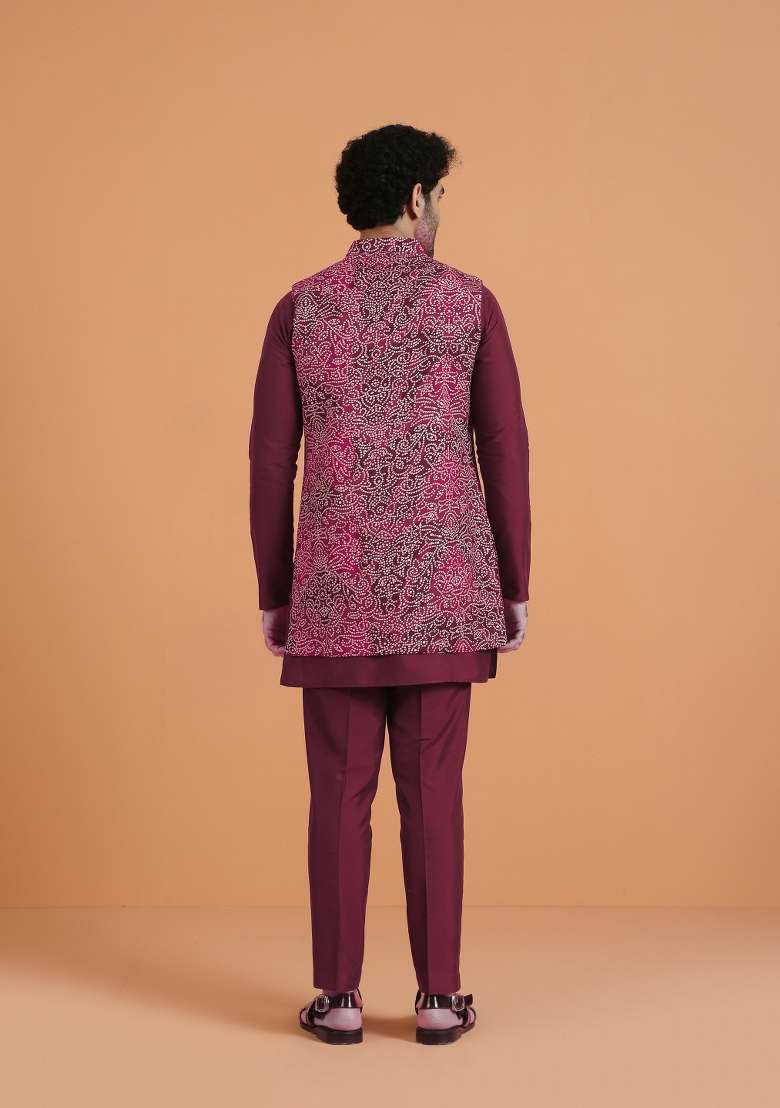 Maroon Printed Silk Blend Kurta Jacket Set For Men - Indya